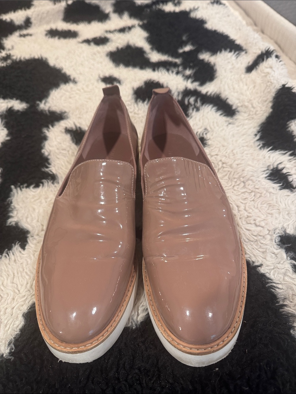 Vince tan patent leather loafers. Worn only a few times.